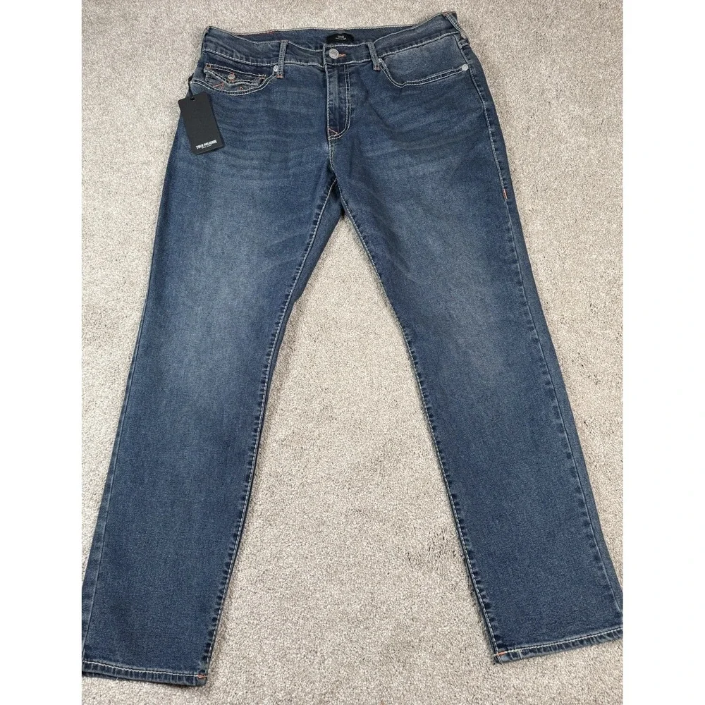 NWT True Religion Big TFlap Jeans 36x32 Geno Relaxed Slim Dark Thunder Bolt Wash